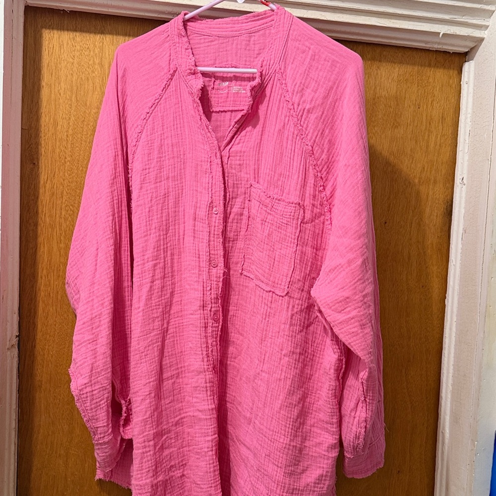 aerie Pink Button-Down Gauze Shirt